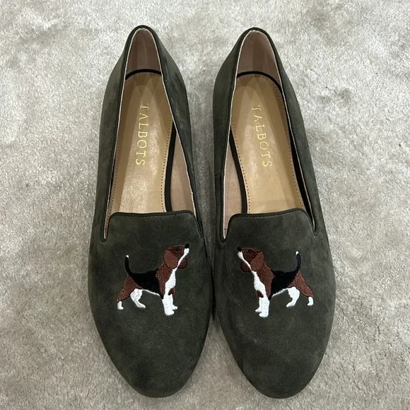 NWOT Talbots RYAN EMBROIDERED SUEDE LOAFERS/FLATS in olive size 7.5 - Picture 2 of 9